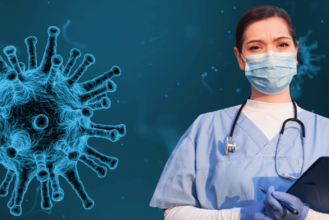Montage: représentation d'un coronavirus à gauche d'une soignante masquée
