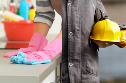 Image divisée en deux: à gauche, des mains en gants de cuisine nettoient une surface; à droite, un casque de chantier jaune tenu dans la main d'un homme