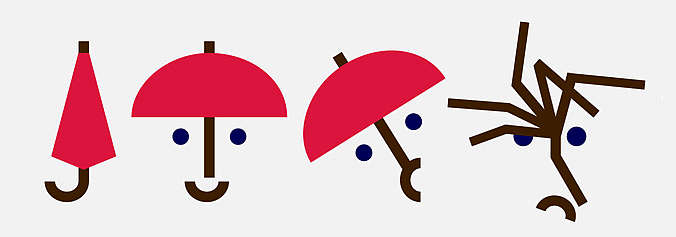 Regenschirme: zu, offen, von Strum zerfetzt