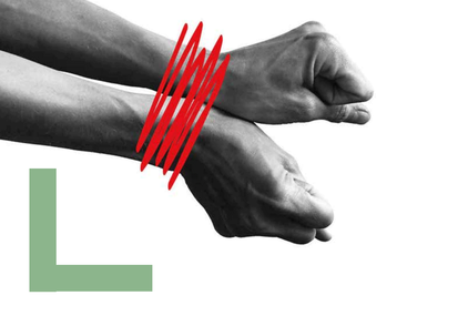 Visual: Hände wie in Fesseln, statt Fesseln rote Striche (wie durchgestrichen)