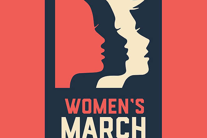 Logo de la Marche internationale des femmes: 3 têtes des femmes en profil en rouge, noir et blanc  