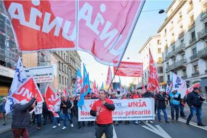 I lavoratori edili lottano per il loro contratto nazionale mantello nelle strade di Ginevra