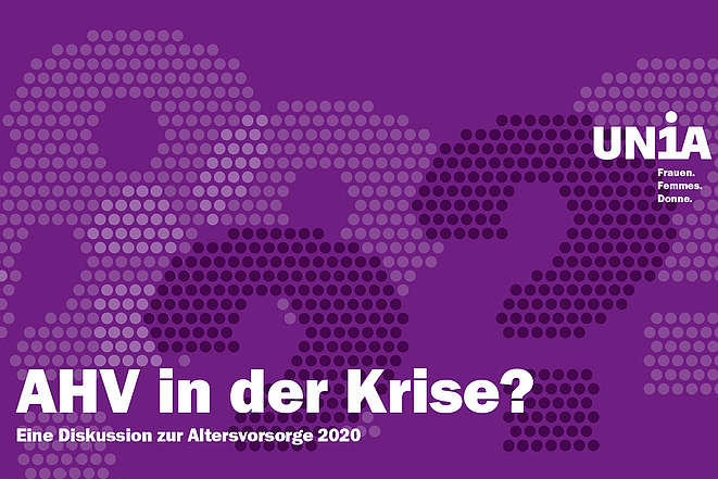 «AHV in der Krise?» mit Fragezeichen auf violettem Hintergrund
