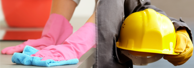 Hände einer Putzfrau und Helm und Hände eines Bauarbeiters