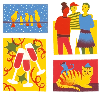 Cartolina festiva dipinta di Unia 2024: uccelli nella neve, due donne e un uomo a braccetto, calici di spumante con ghirlande, un gatto felice con un topolino sorridente seduto sopra di esso