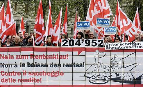 Dépôt du référendum « non au vol des rentes » contre la baisse des rentes du 2ème pilier, Berne, avril 2009