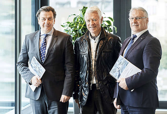 Unia-Industriechef Corrado Pardini, Franz Jaeger, Swissmechanic-Präsident Roland Goethe