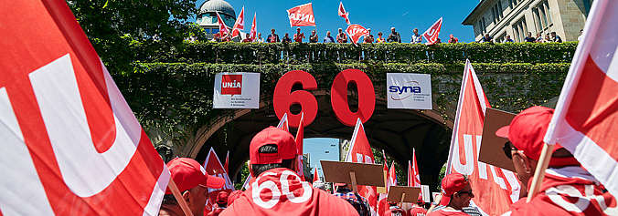 Bauarbeiter-Demo in Zürich mit vielen "60"