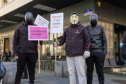 Aktion der Smood-Beschäftigten am 5. Februar 2022 in Genf.